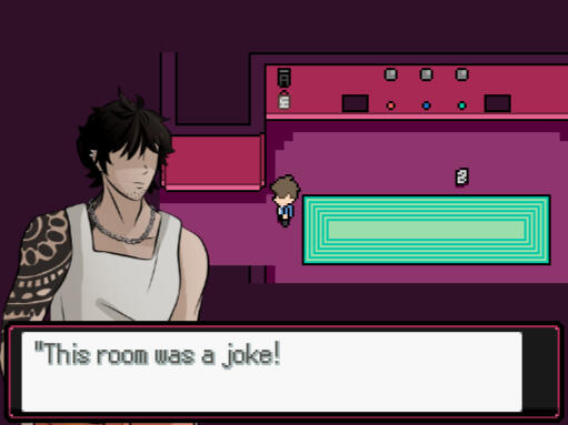 Untitled An in-game screenshot featuring the text boxes and character portraits. In the text box, the text is labeled "This room was a joke!"