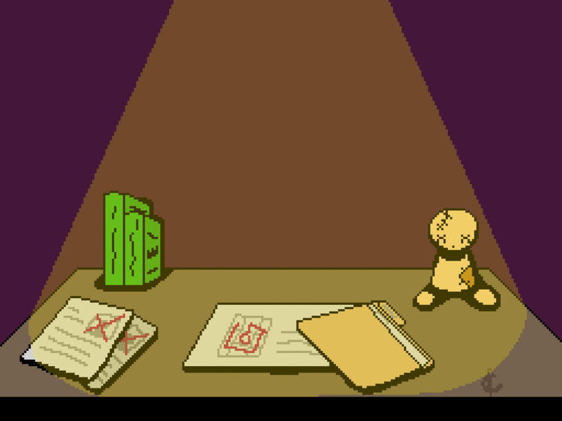 Untitled A flashing light over a desk with various files, books, and papers. There is a doll on the right side of the desk.