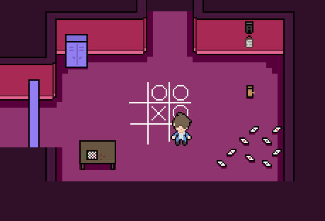 Untitled A screenshot of one of the rooms within the game, showing a tic-tac-toe board, a chess board, a Jenga set, and various cards on the floor. On the wall, there is a metal cabinet, an intercom speaker, and a board with text.