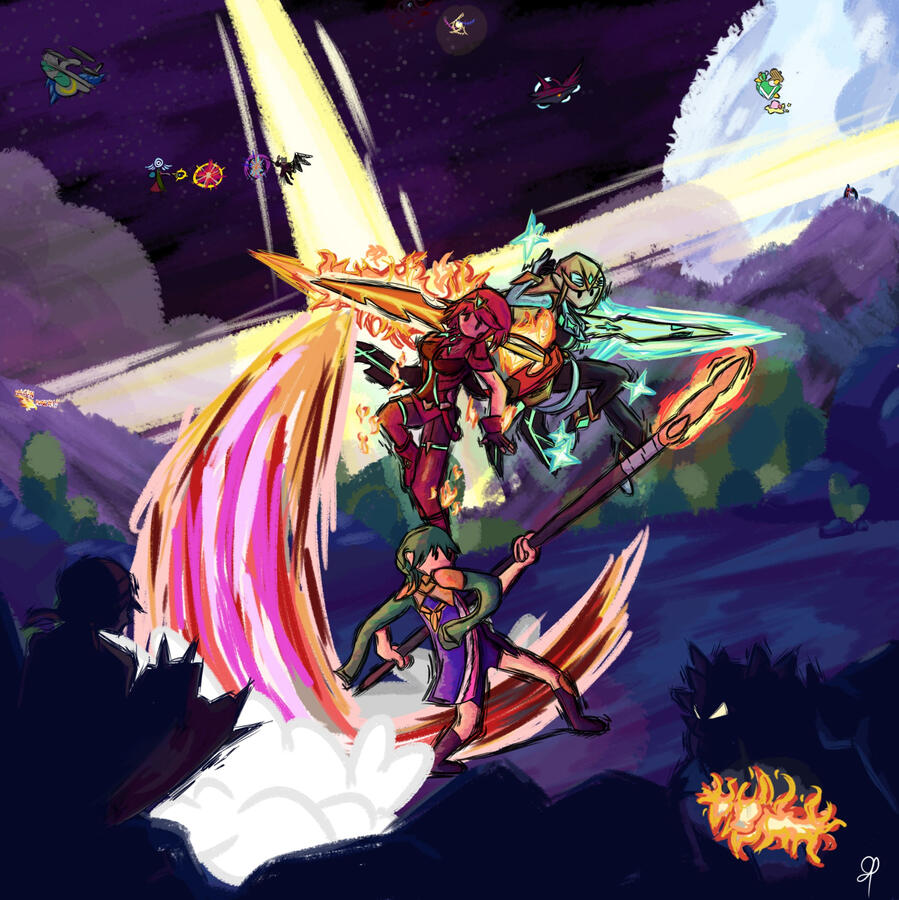 A green-haired character, Byleth, is swinging a spear upwards. Two characters, Pyra and Mythra, are jumping behind her, making action poses with their swords.