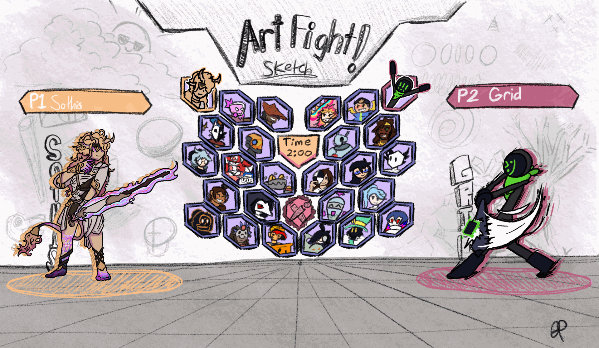 Several OC characters rotating in a fighting game selection screen.