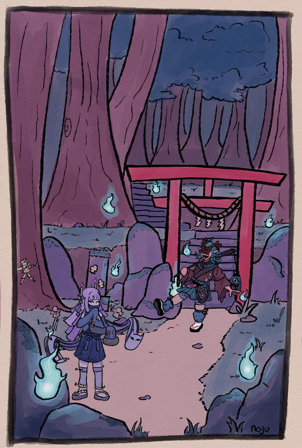 Two Japanese yokai-inspired characters are taking a walk in the middle of a dense forest. There is a red tori gate in the center piece of the image. There are various will-o'-wisps floating around in the scenery.
