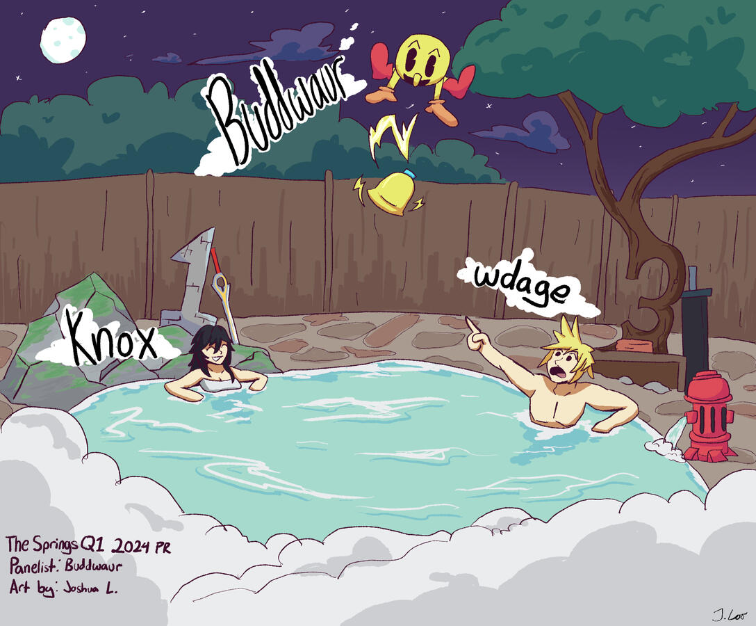 A ranking of three Super Smash Bros. characters (Lucina, Pac-Man, and Cloud). They are relaxing in a Japanese-style hot spring tub.