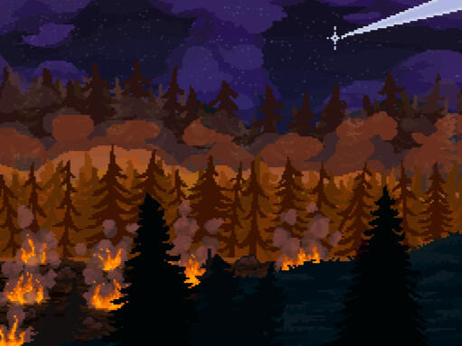 There is a burning forest at night with a comet flying in the sky.