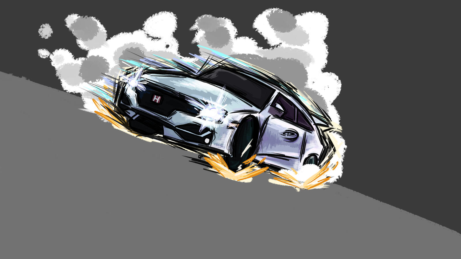 A Honda Civic SI is drifting with smoke coming out of the back of the car and sparks flying off the wheels.