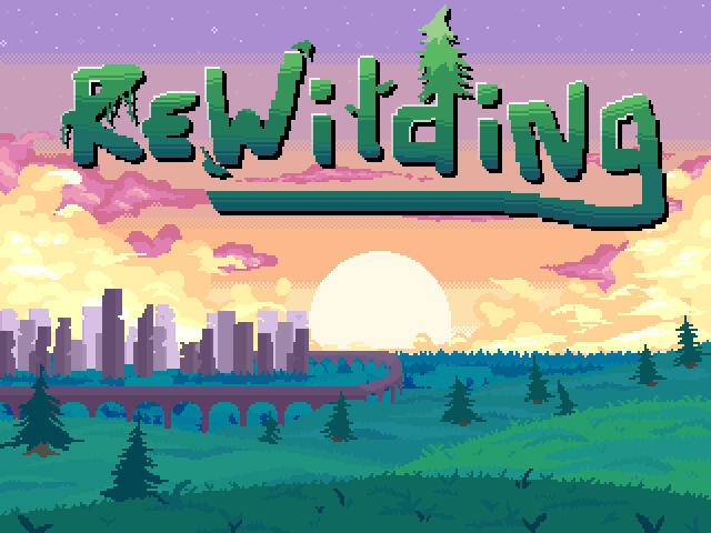 A title screen with the sun rising in the background. There is a city in the distance that is falling apart. There is a bridge that goes into the city. At the top of the image, a title that states "Rewilding."