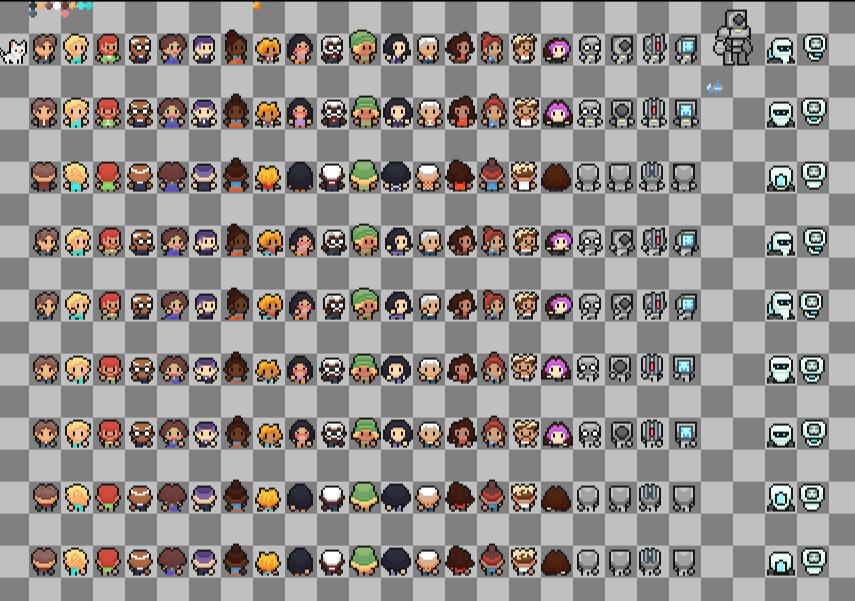 A large sprite sheet showing all the animation frames for every character designed for this game.