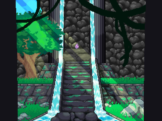 A title screen background depicting an overgrown temple. In the center of the photo, there are two streams of water falling from the ceiling and a gemstone on a pedestal. To the left of the waterfall, there is a tree with light passing through it.