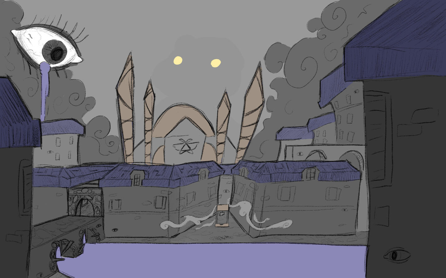 Concept art sketch of a city. There is a giant crying eye in the sky.