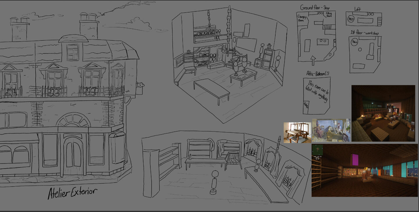 Concept sketches for a building. Both the exterior, interior, and floor plan are included in this photo.