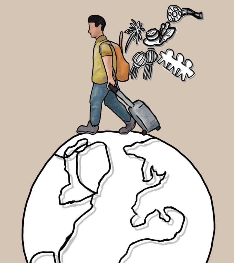 A man is traveling around a globe, wearing a backpack and a pull bag. The backpack is open, and various cultural items and icons are flowing out of it.