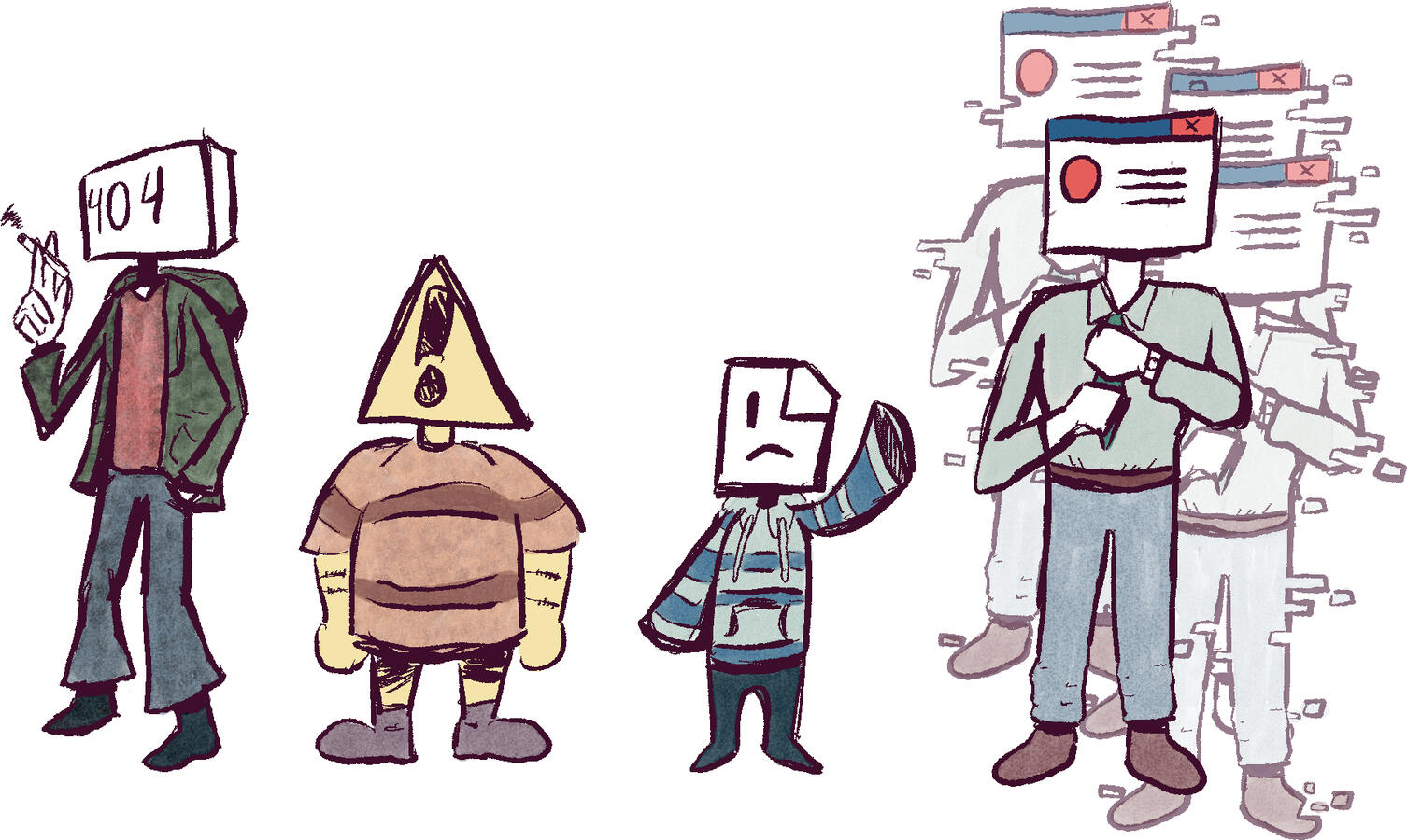 This is a lineup of four original characters based on computer error symbols. The symbols are based on the 404 error, a triangle with an exclamation point, a page load error, and an error pop-up.