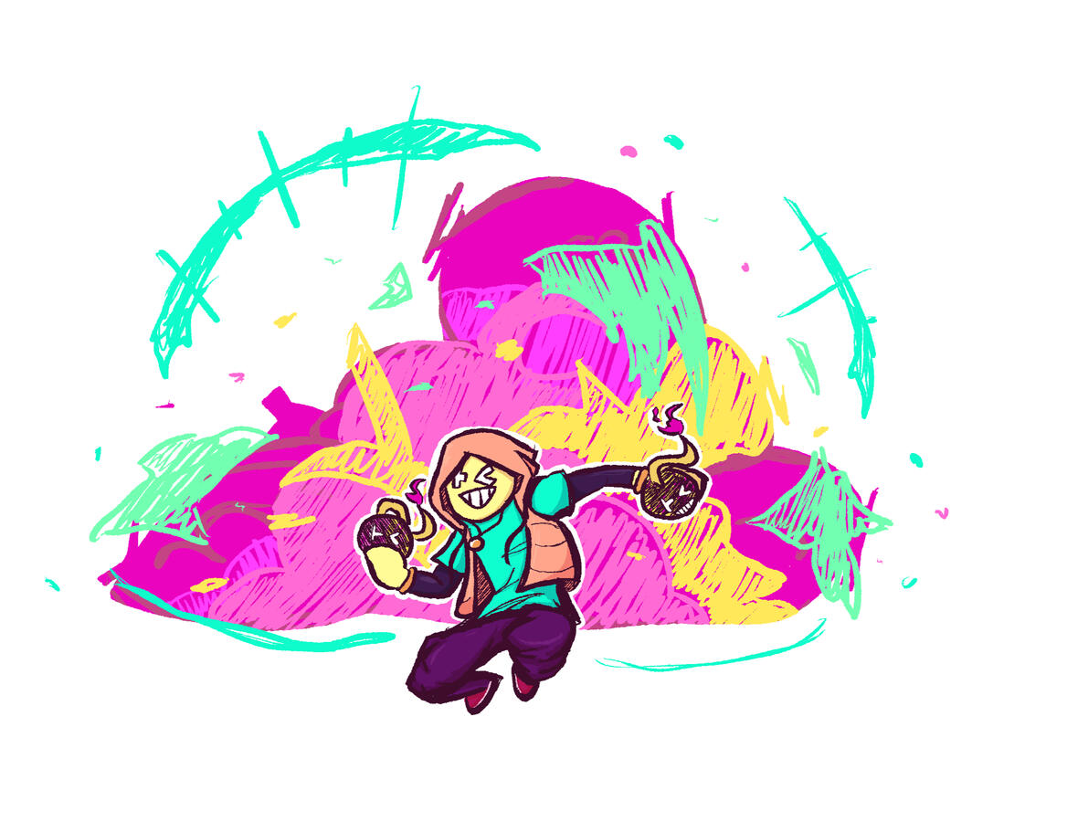 This is a portrait of an original character. He is holding two bombs with faces drawn on them. Behind him, there is a colorful explosion comprised of greens, yellows, pinks, and purples.