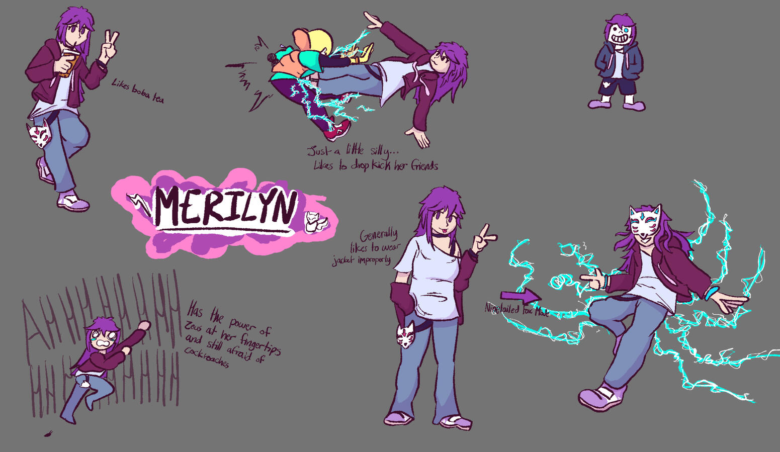 This is a character sheet of an OC, Merilyn. There are several drawings of her depicting different activities: Drinking boba, powering up with electricity powers, drop-kicking someone, and running away from a cockroach.