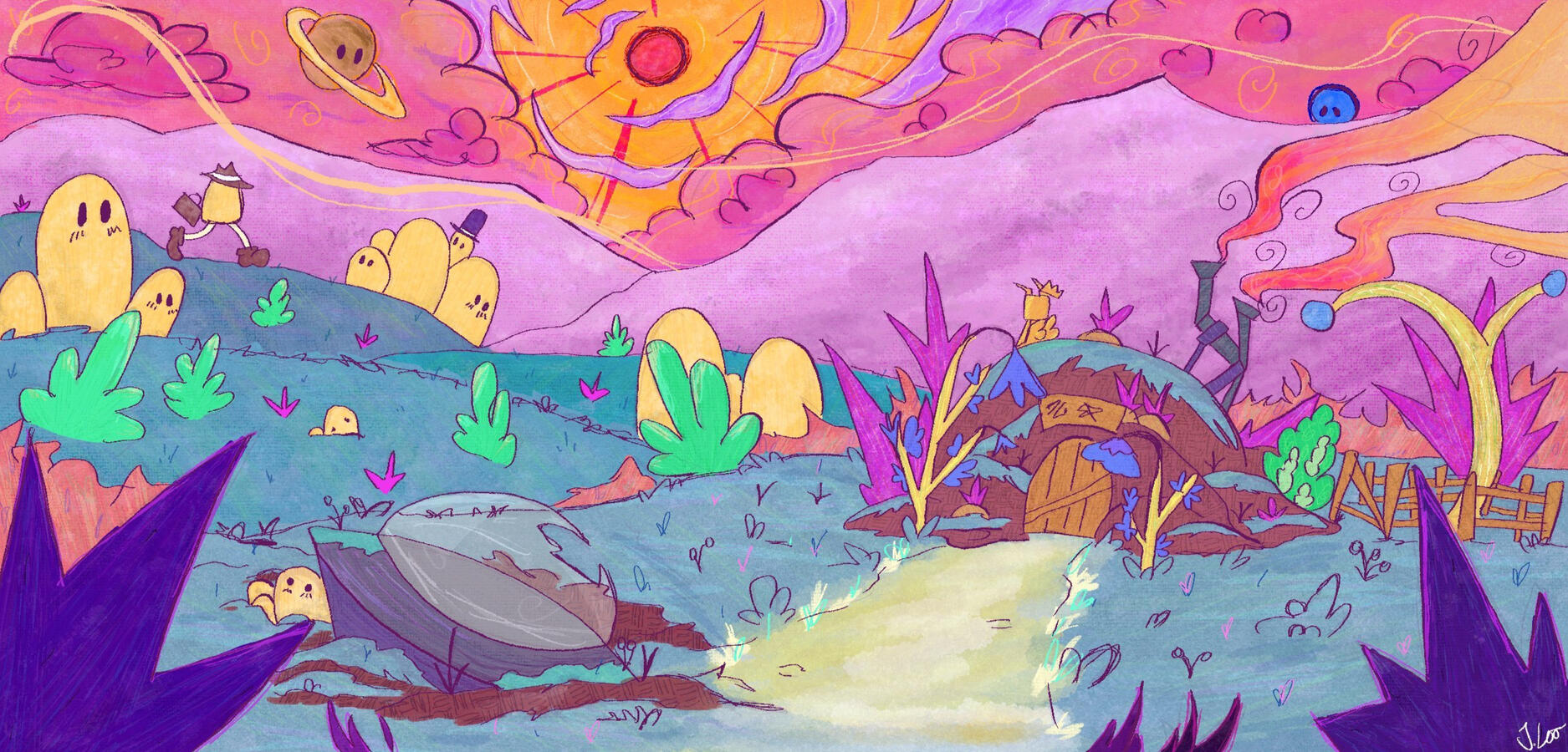 An alien is sitting atop his dirt home with a UFO crashed outside of it. There are several planets in the sky, which have faces. There are hills walking in the background.