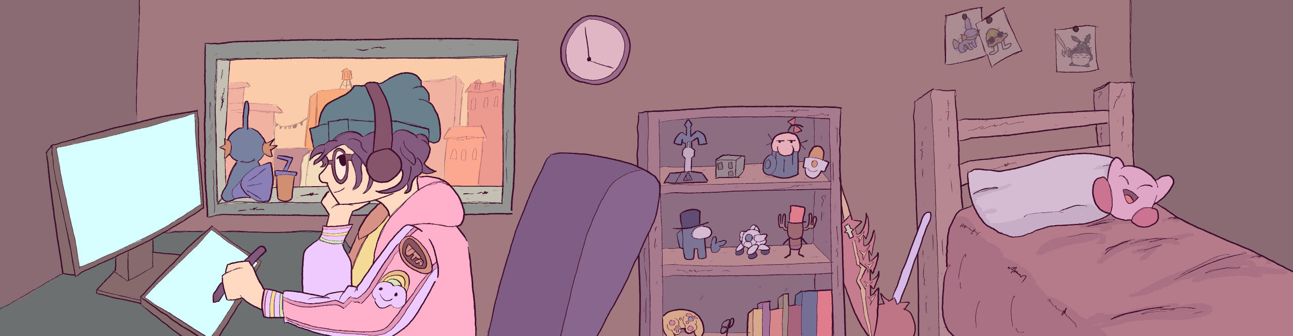 A self-portrait of Joshua drawing on a tablet in his room. There is a Pokemon, Mudkip, staring out of the window. In Joshua's room, there are multiple props from various media.