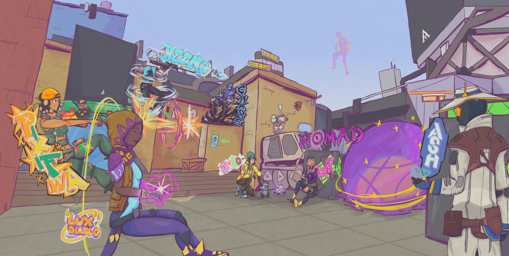 Various Valorant characters, Jett, Raze, Omen, Astra, Cypher, Reyna, and Killjoy, are preparing and launching a battle on the Valorant map Bind.