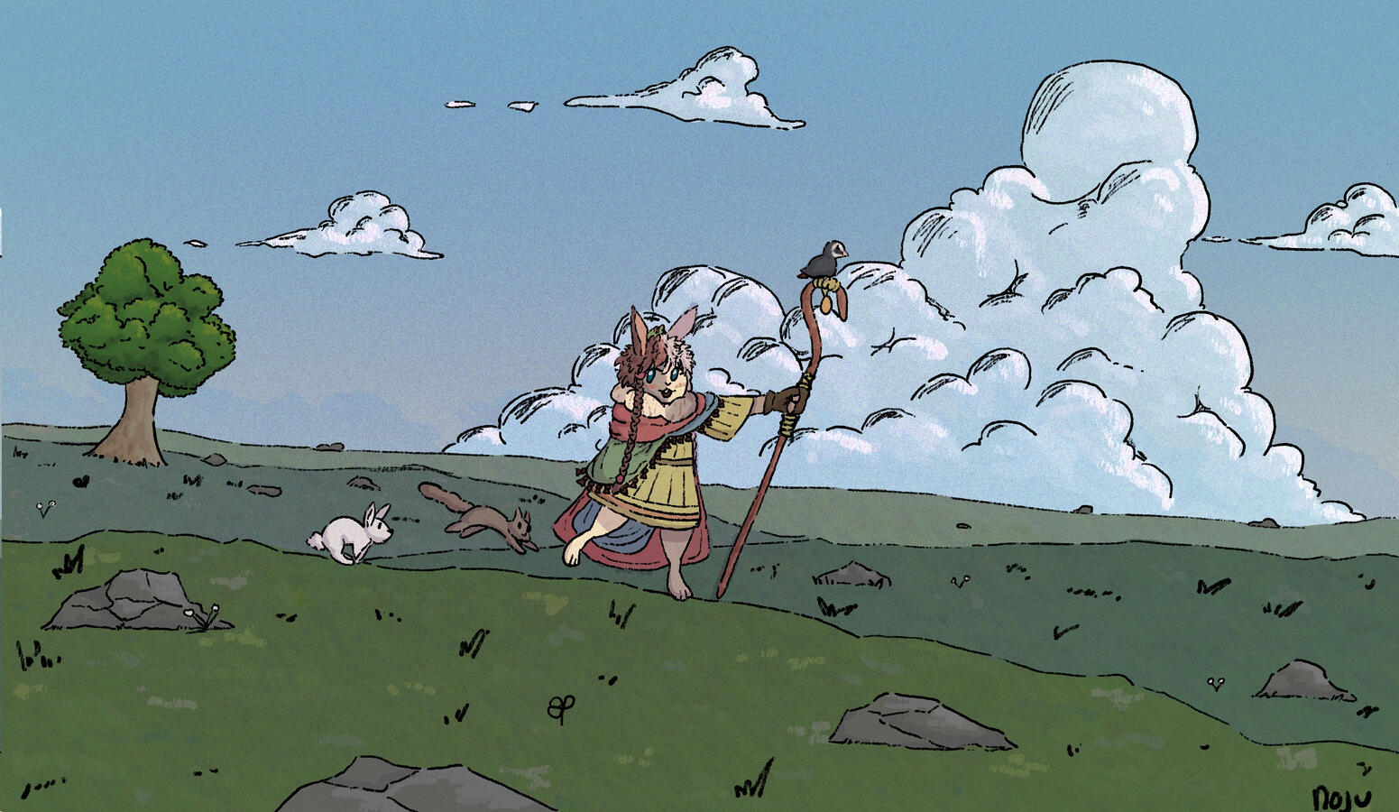 An anthropamorphic rabbit character walking in an open grassy field with a squirrel and bunny following behind. The anthropomorphic rabbit is holding a staff with a bird perching atop it.