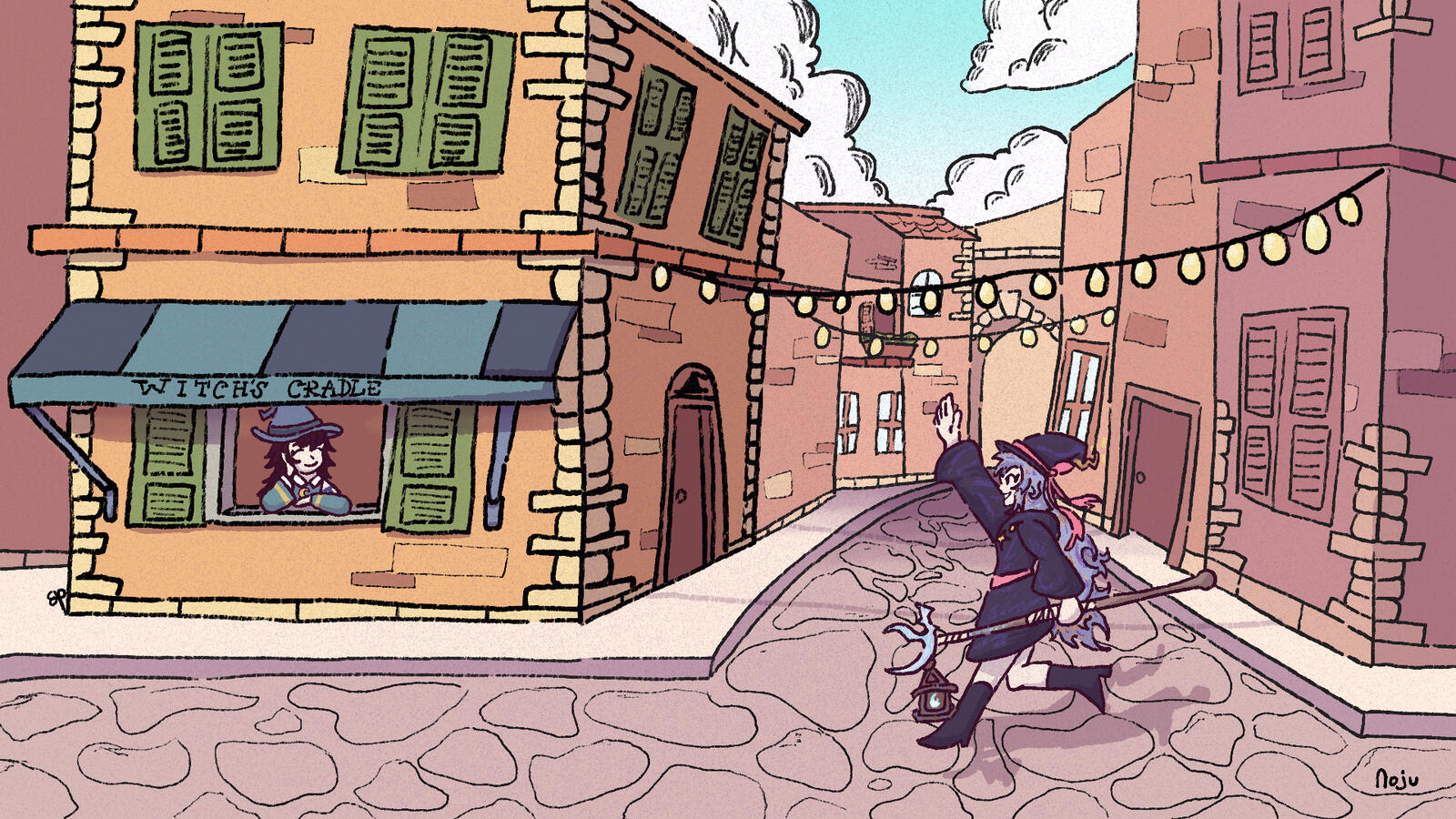 A witch wearing black approaching a shop run by another witch wearing blue. The setting is a city with cobblestone streets.