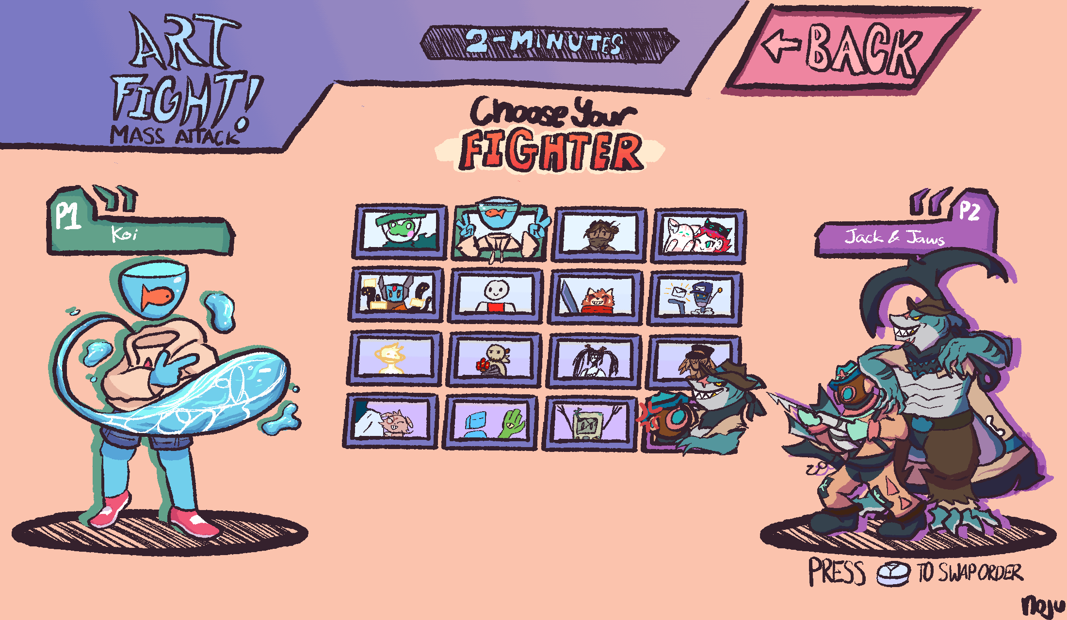 Several OC characters rotating in a fighting game selection screen.