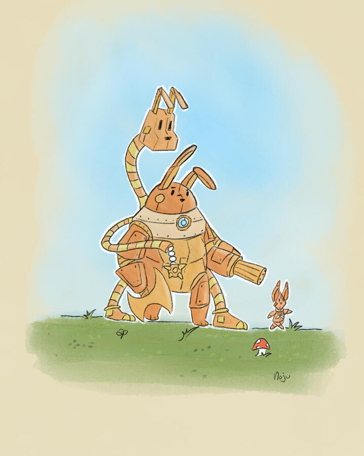 A group of bunny-like robots in a field.