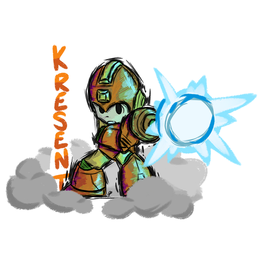 An orange-colored Mega Man charges a blast with smoke at his feet. There is text written vertically, labeled "Kresent" to the left of the character.