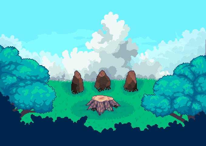 A cliff with three stones and a tree stump at the center. Surrounding the center pieces, there are trees to the side and in the foreground. The background is a blue sky with several clouds.