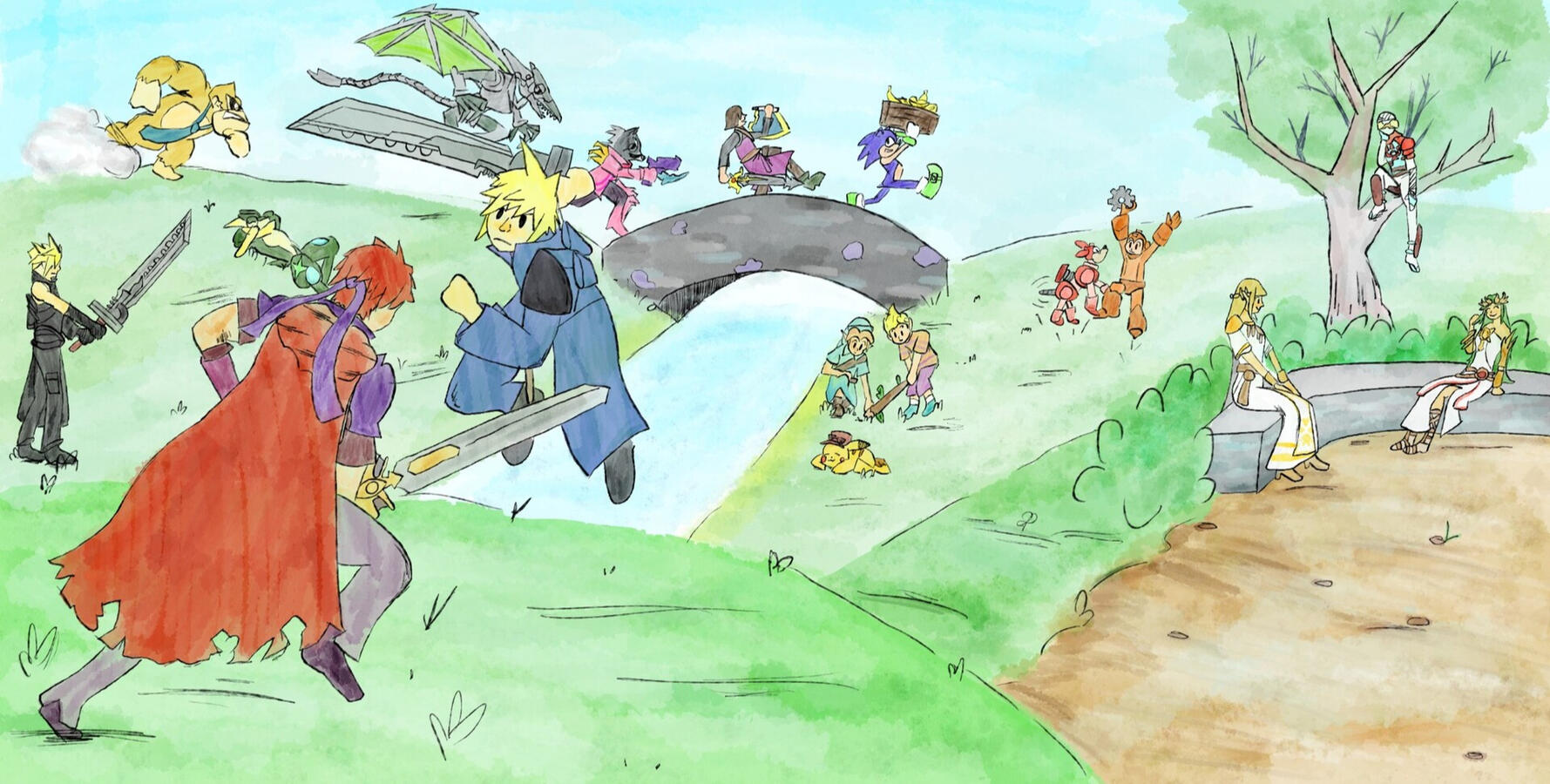 Several characters from Super Smash Bros. are performing activities such as sparring, meditating, chatting, playing, and running in a vibrant park.